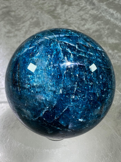 Blue Apatite Crystal Sphere. 58mm. Gorgeous Deep Blue With Lots Of Iridescent Flash. High Quality Display Sphere