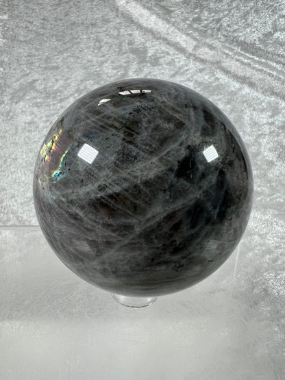 Labradorite Crystal Sphere. 66mm. Very Rare Rainbow Flash With Purple, Pink, Yellow, Orange, And Blue. Amazing Sphere!