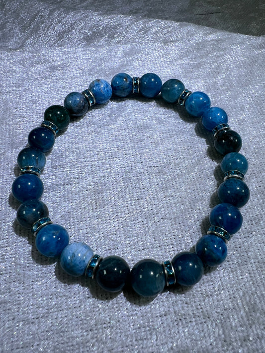 Blue Apatite Crystal Bead Bracelet. Stunning Blue Apatite Bracelet. 8mm. Flashy Blue Rhinestone Spacers.