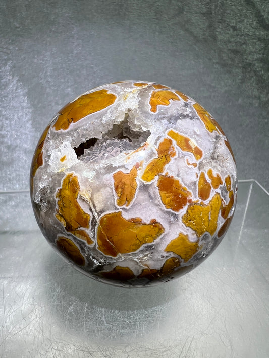 Indonesian East Java Plume Agate Sphere. 59mm. Very Rare Display Sphere. Amazing Druzy, Colors, And Patterns