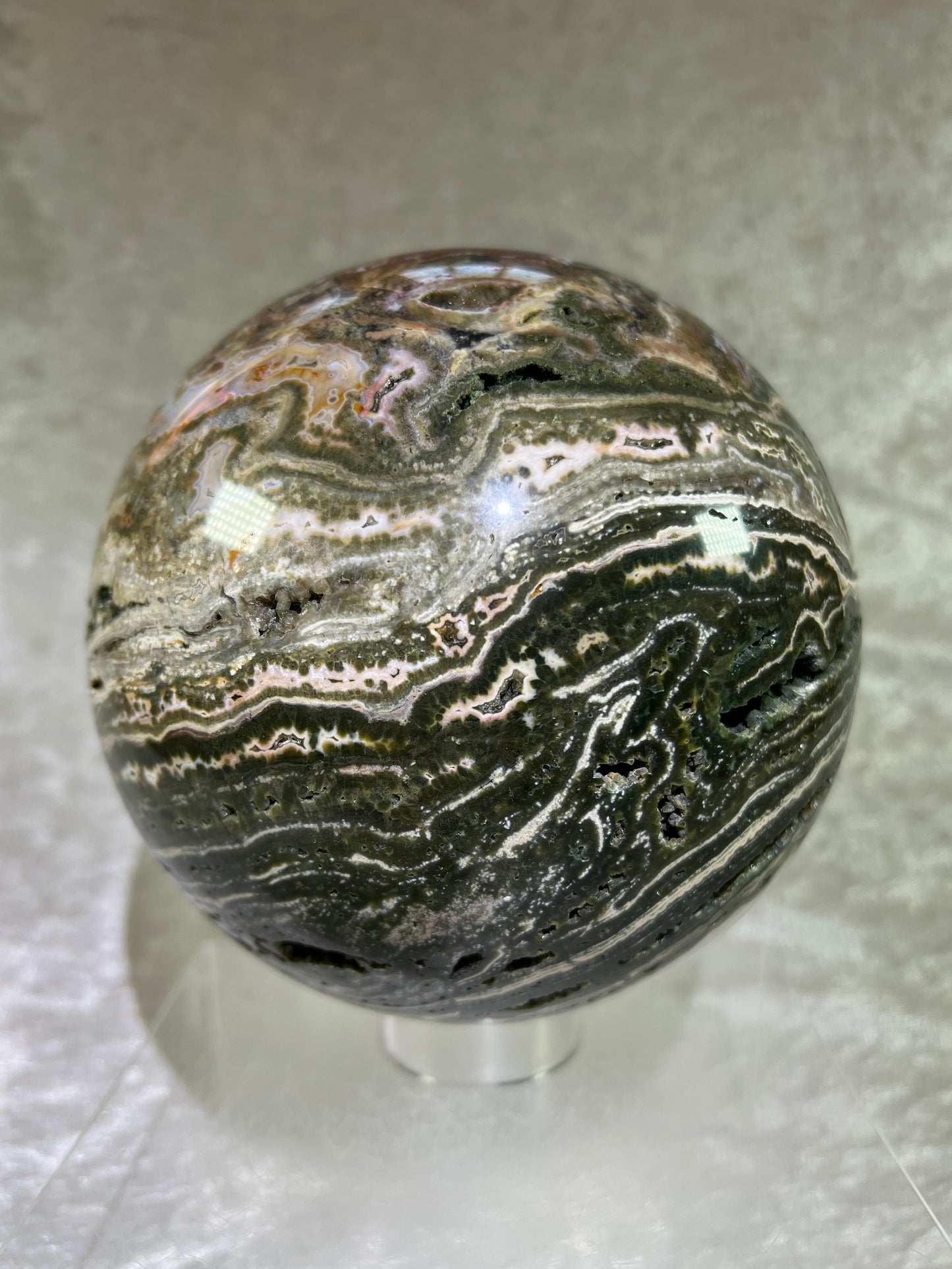 Ocean Jasper Sphere. XL Druzy Display Sphere. 147mm, 9.4 lbs. Gorgeous Colors With Stunning Druzy. Showstopper!