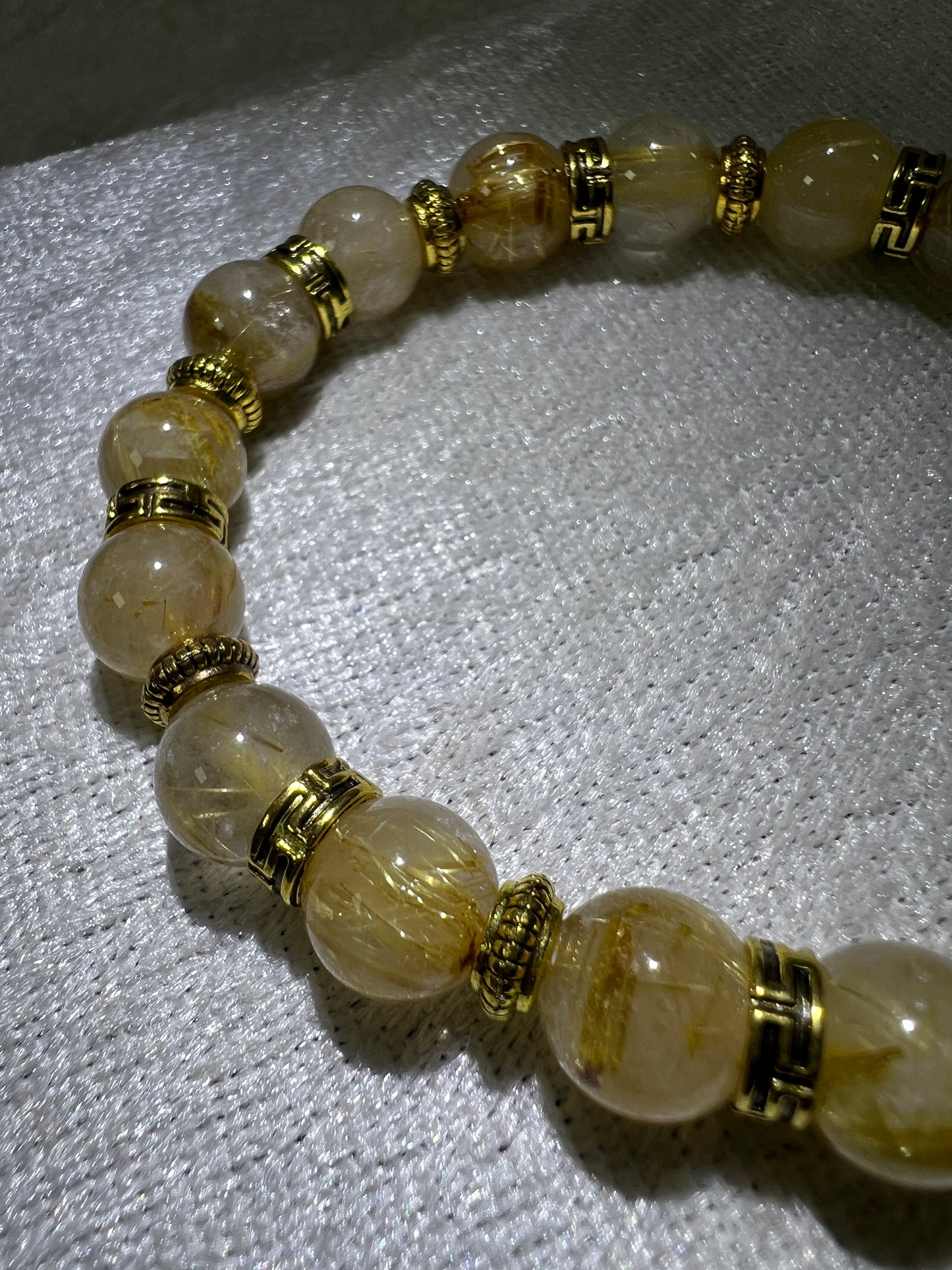 Rutile Quartz Crystal Bead Bracelet. Beautiful Rutilated Quartz Bracelet. 9.5mm. Two Different Styles Of Spacers.