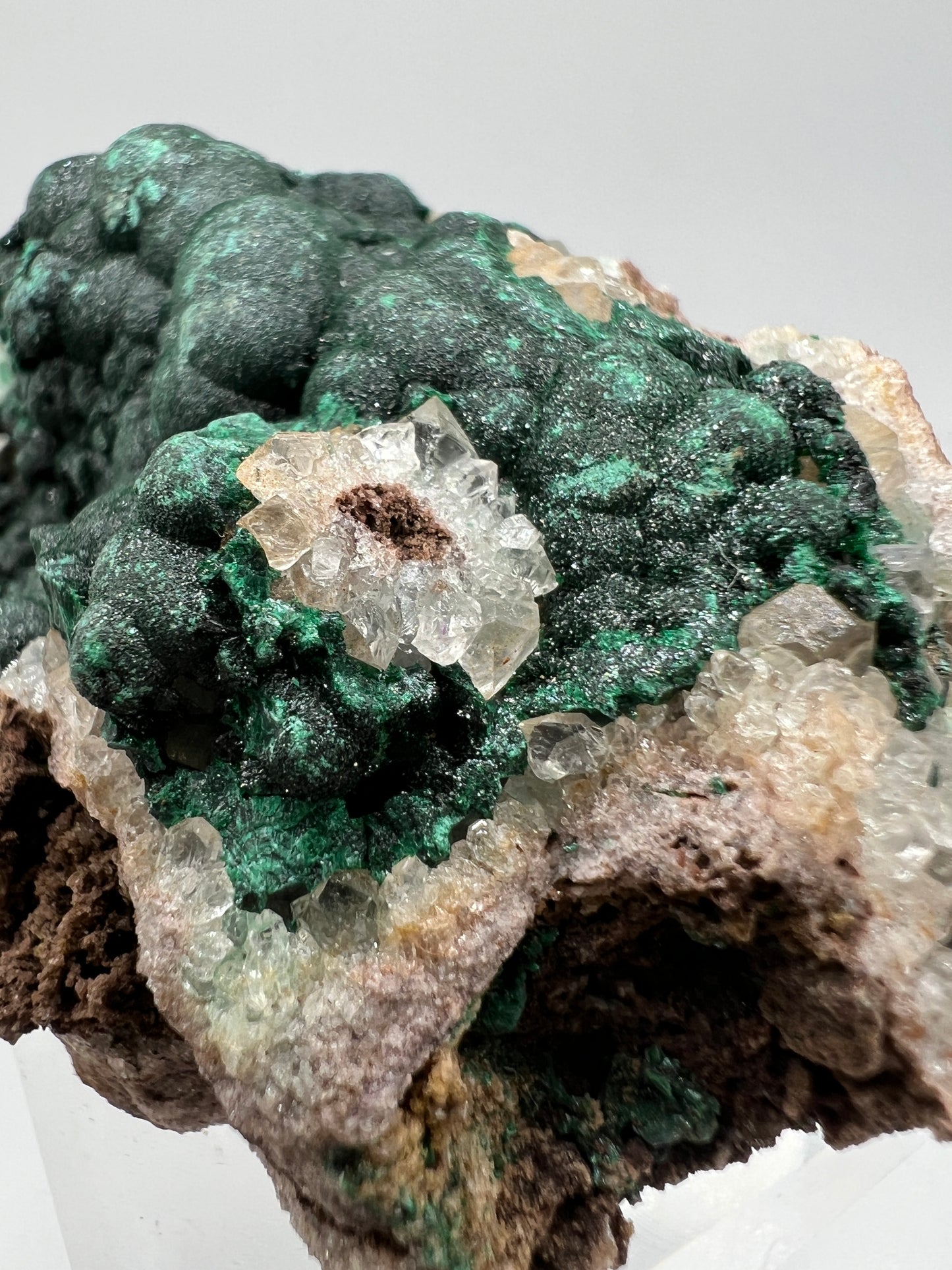 Ball Malachite On A Druzy Quartz And Dolomite Matrix. Rare Beautiful Specimen From Congo.