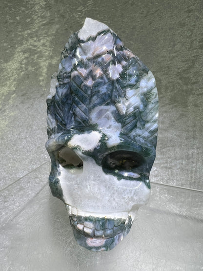 Moss Agate Crystal Skull Carving. Very Cool Crystal Indian Skull. Unique Display Crystal