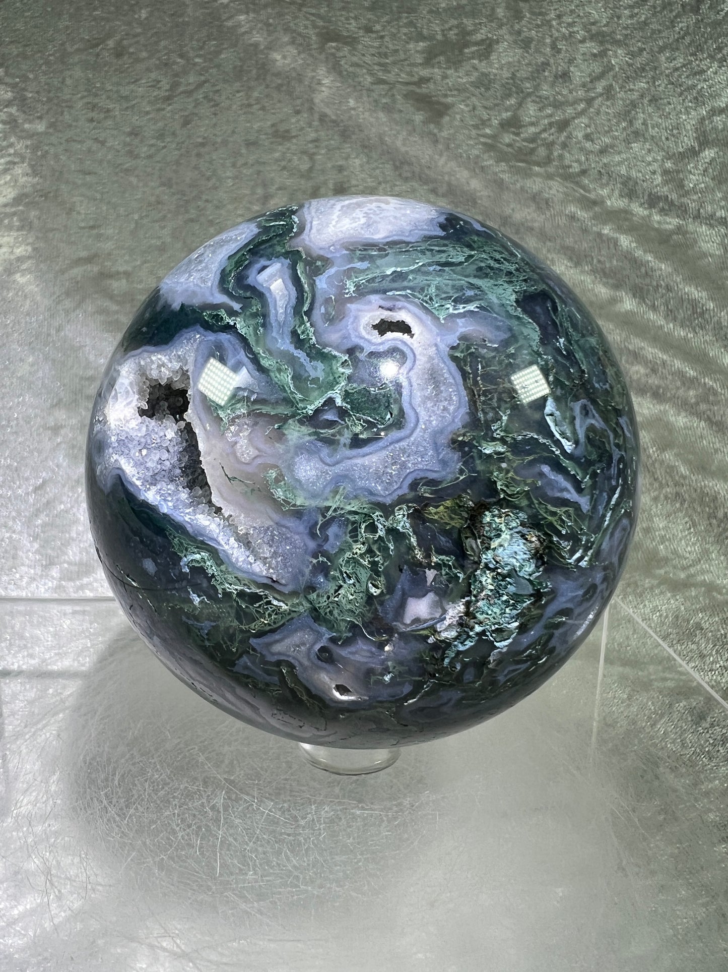 Moss Agate Sphere. 77mm. Amazing Druzy Blue Moss Agate. Rare Colors With Gorgeous Patterns.