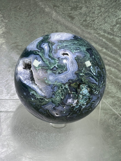 Moss Agate Sphere. 77mm. Amazing Druzy Blue Moss Agate. Rare Colors With Gorgeous Patterns.