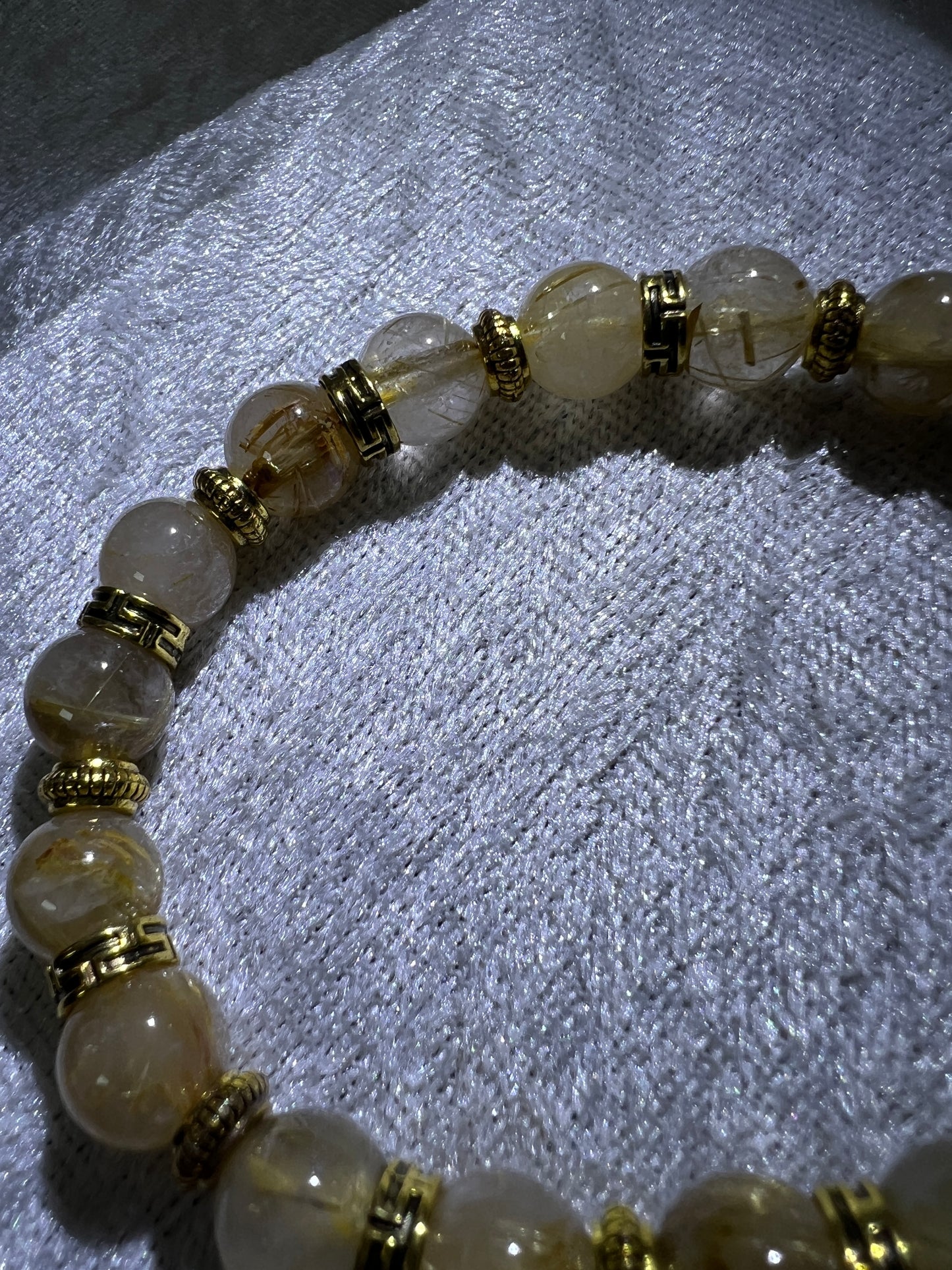 Rutile Quartz Crystal Bead Bracelet. Beautiful Rutilated Quartz Bracelet. 9.5mm. Two Different Styles Of Spacers.