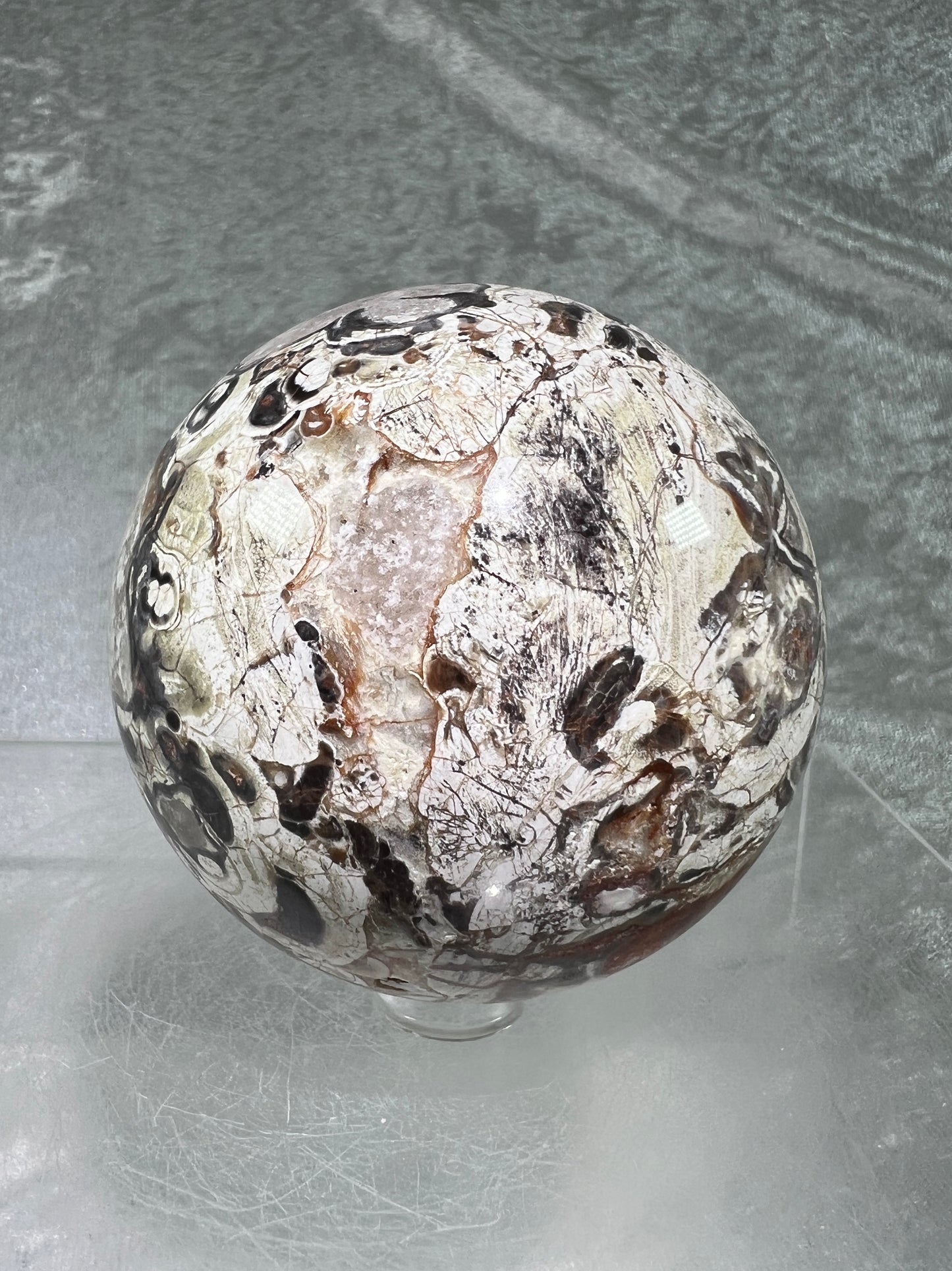 Money Agate Crystal Sphere. 69mm. Stunning Indonesian Bloodstone. Amazing Colors And Patterns