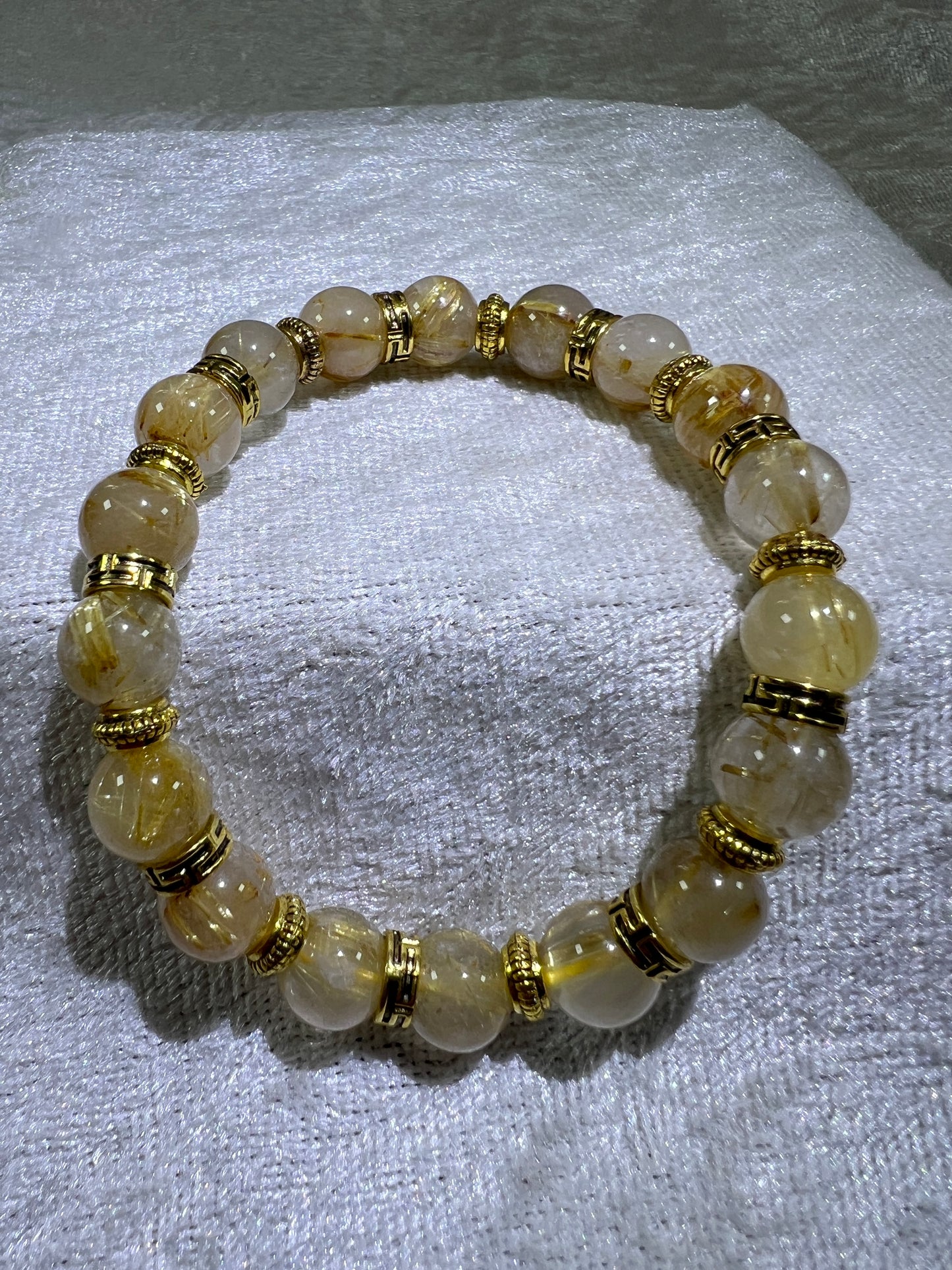 Rutile Quartz Crystal Bead Bracelet. Beautiful Rutilated Quartz Bracelet. 9.5mm. Two Different Styles Of Spacers.