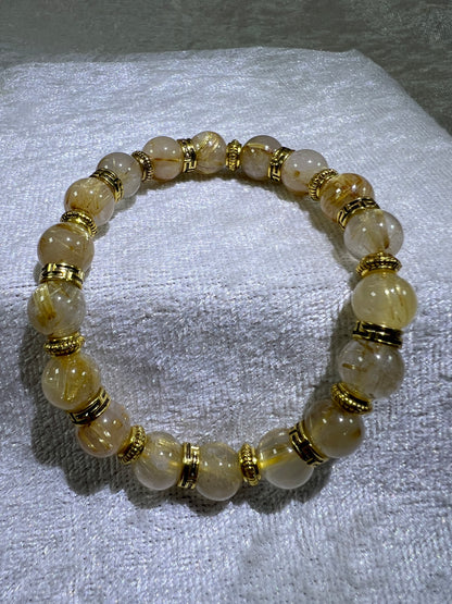 Rutile Quartz Crystal Bead Bracelet. Beautiful Rutilated Quartz Bracelet. 9.5mm. Two Different Styles Of Spacers.