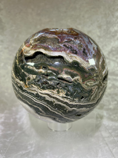 Ocean Jasper Sphere. XL Druzy Display Sphere. 147mm, 9.4 lbs. Gorgeous Colors With Stunning Druzy. Showstopper!