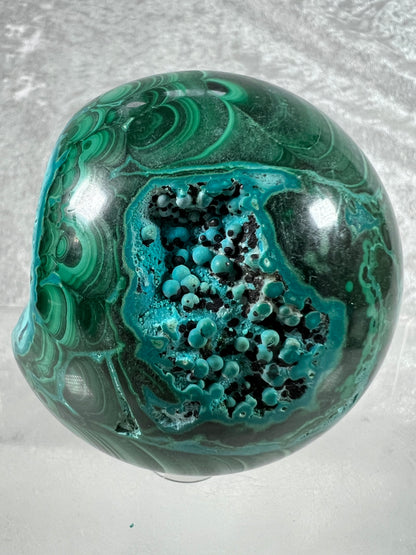 Malachite And Druzy Chrysocolla Sphere. 69mm. Gorgeous Rare Collectors Piece. Amazing Patterns With Vibrant Colors.