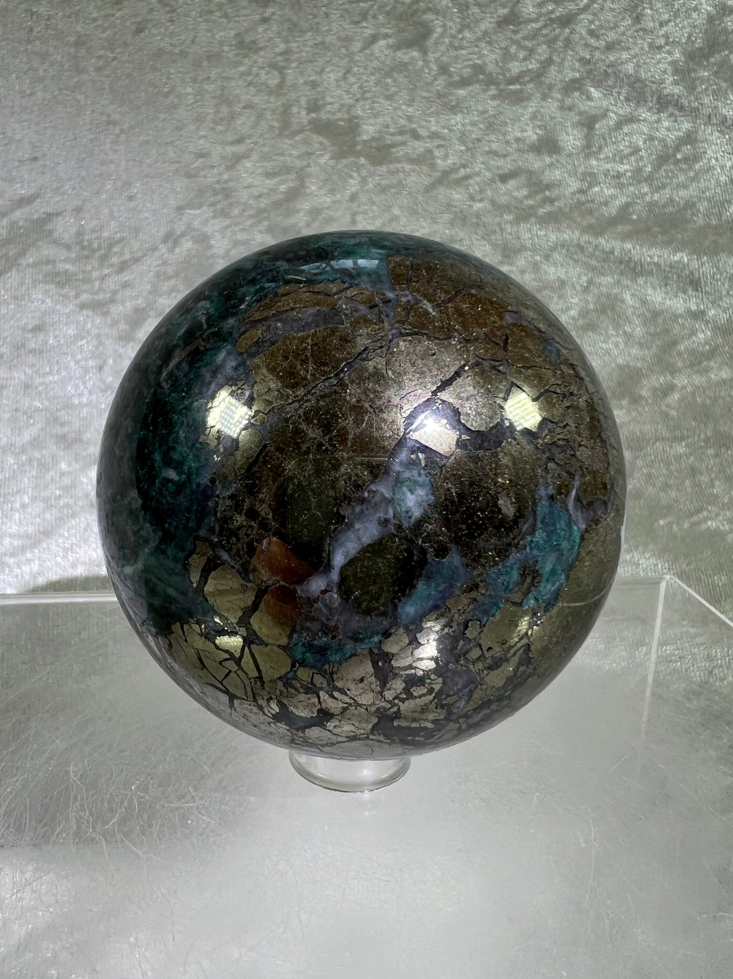 Atacamite And Pyrite Sphere. 64mm. High Quality Rare Sphere. Gorgeous Color Combination.