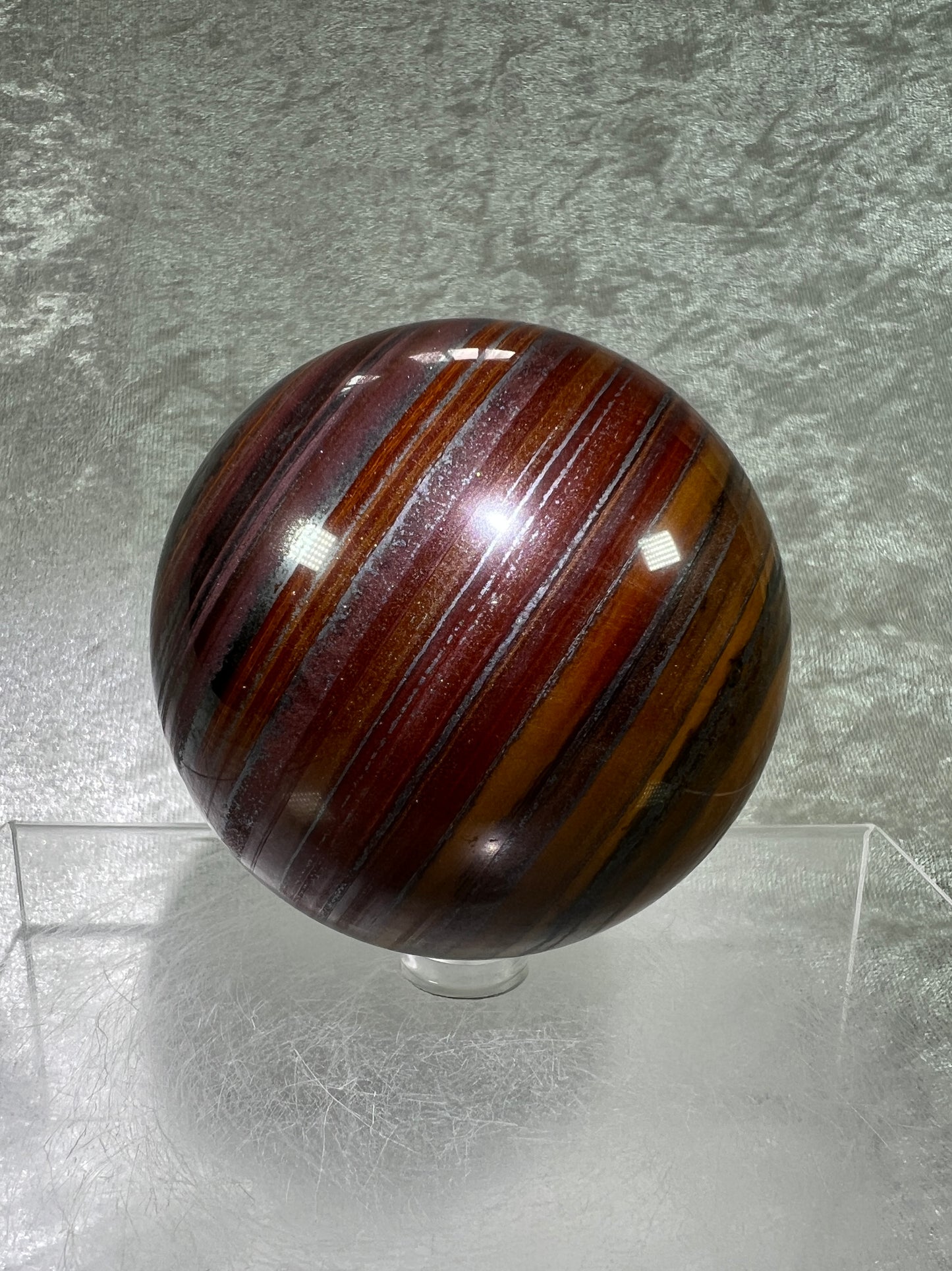 Tiger Iron Crystal Sphere. 72mm. Rare High Quality Display Sphere With Amazing Flash.