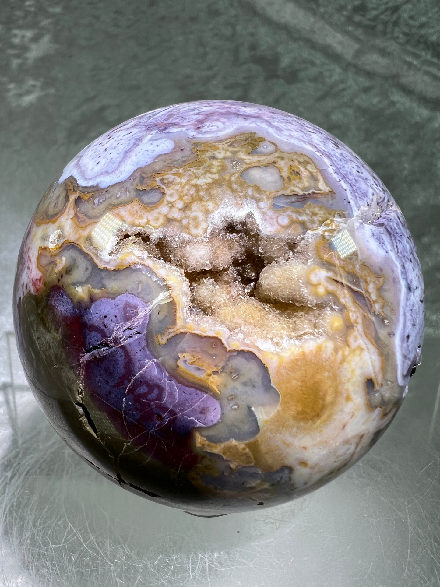 Mexican Crazy Lace Agate Sphere. Very Rare Purples And Gorgeous Sugar Druzy.