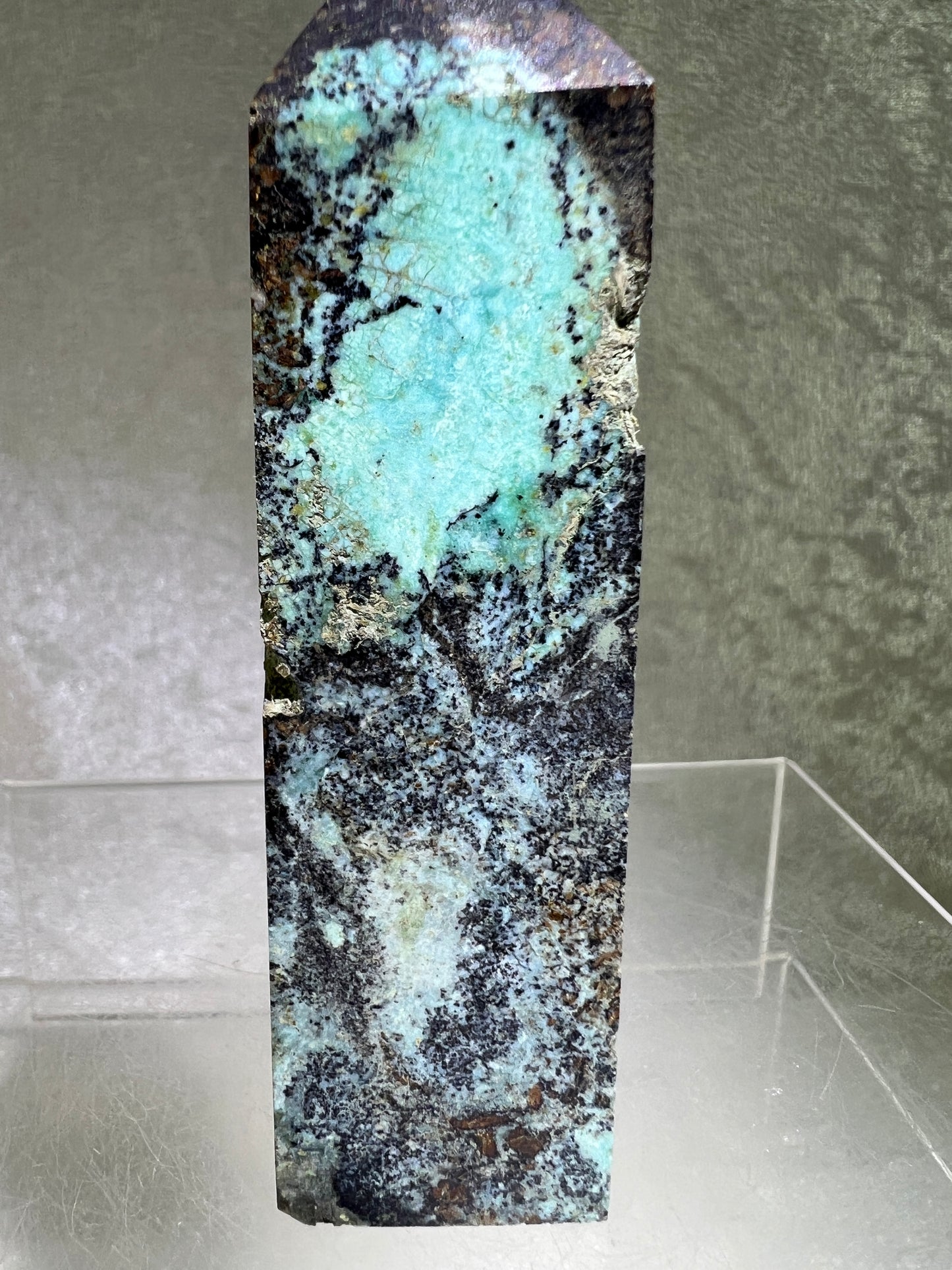 Azurite, Chrysocolla, And Malachite Druzy Tower. Rare And Beautiful Crystal Point.