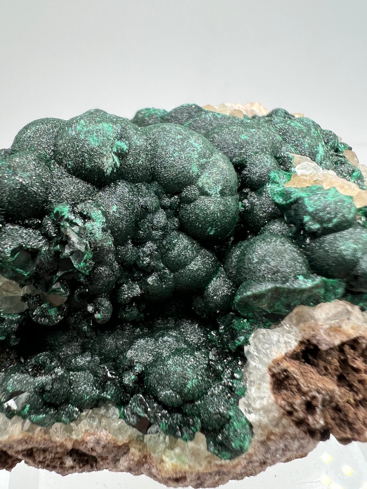 Ball Malachite On A Druzy Quartz And Dolomite Matrix. Rare Beautiful Specimen From Congo.