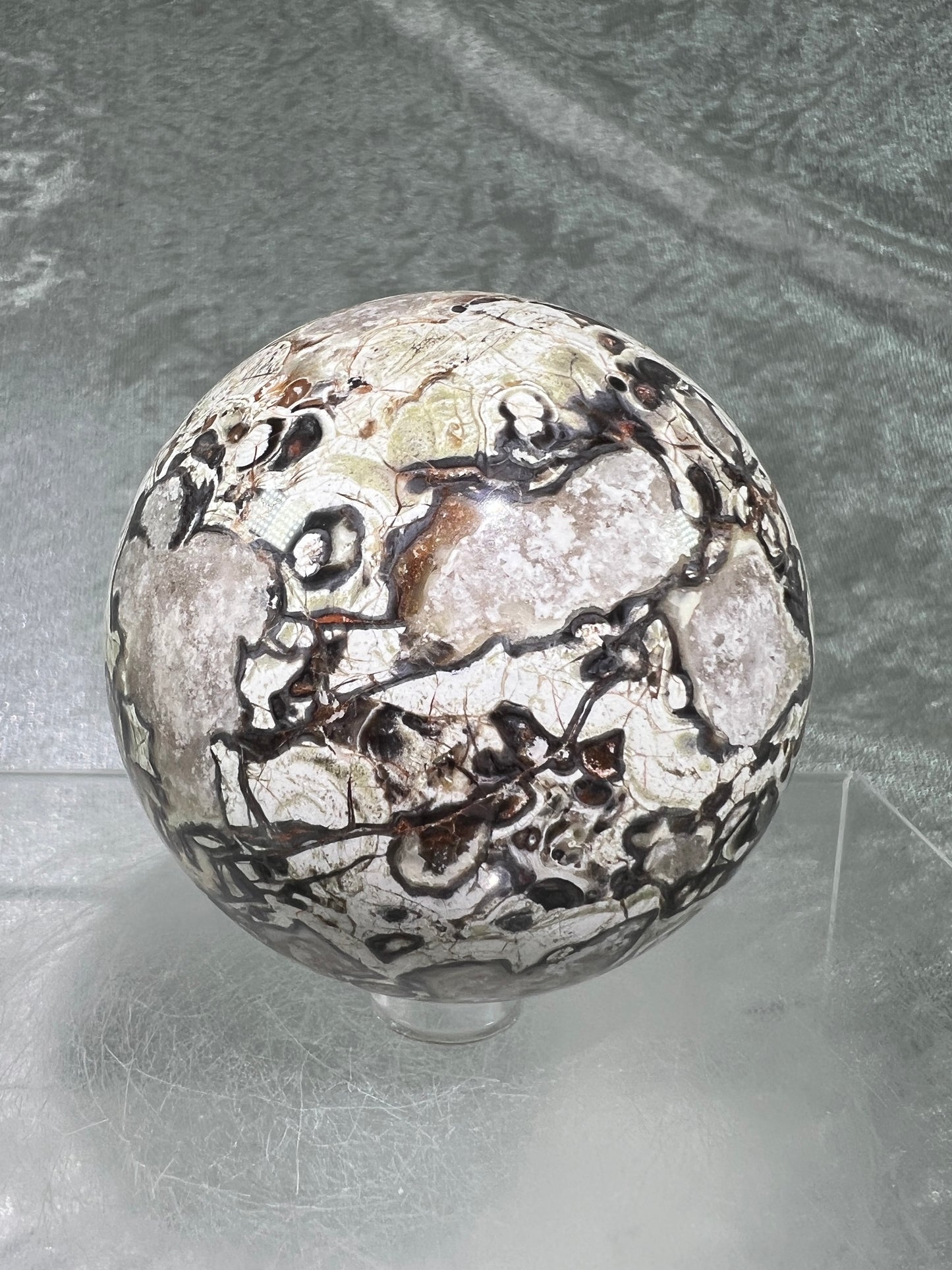 Money Agate Crystal Sphere. 69mm. Stunning Indonesian Bloodstone. Amazing Colors And Patterns