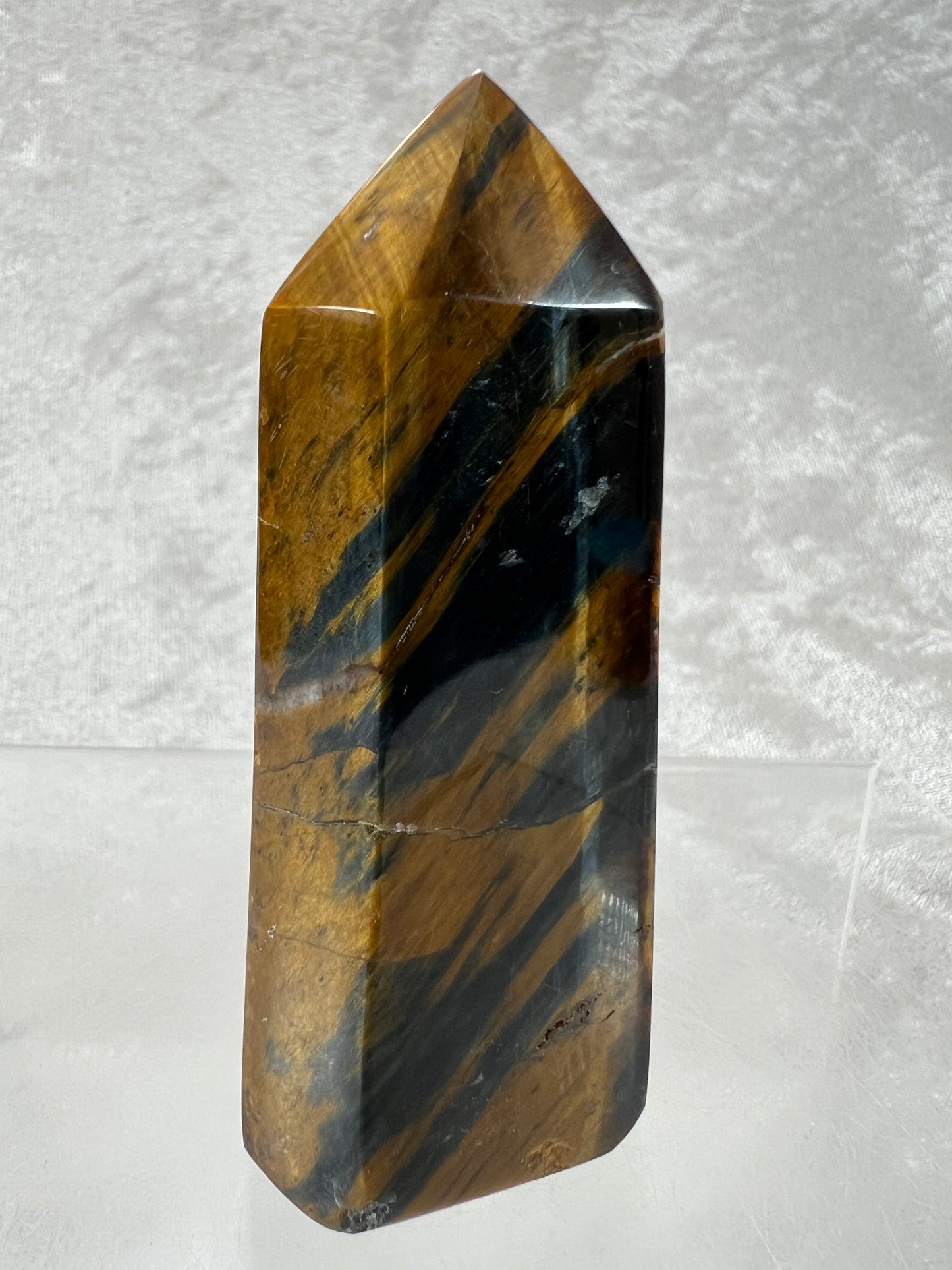 Blue Tigers Eye Crystal Tower. Amazing Rare Hawks Eye Crystal.