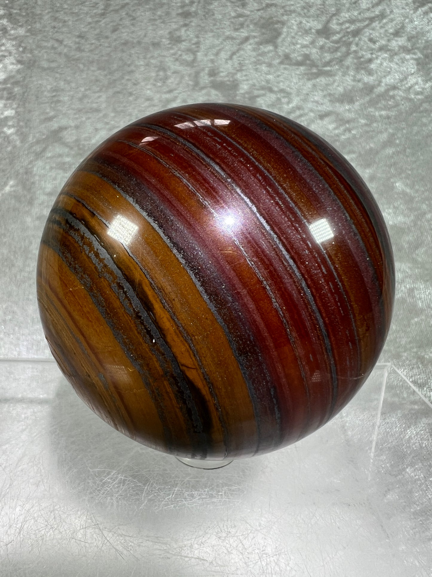 Tiger Iron Crystal Sphere. 72mm. Rare High Quality Display Sphere With Amazing Flash.