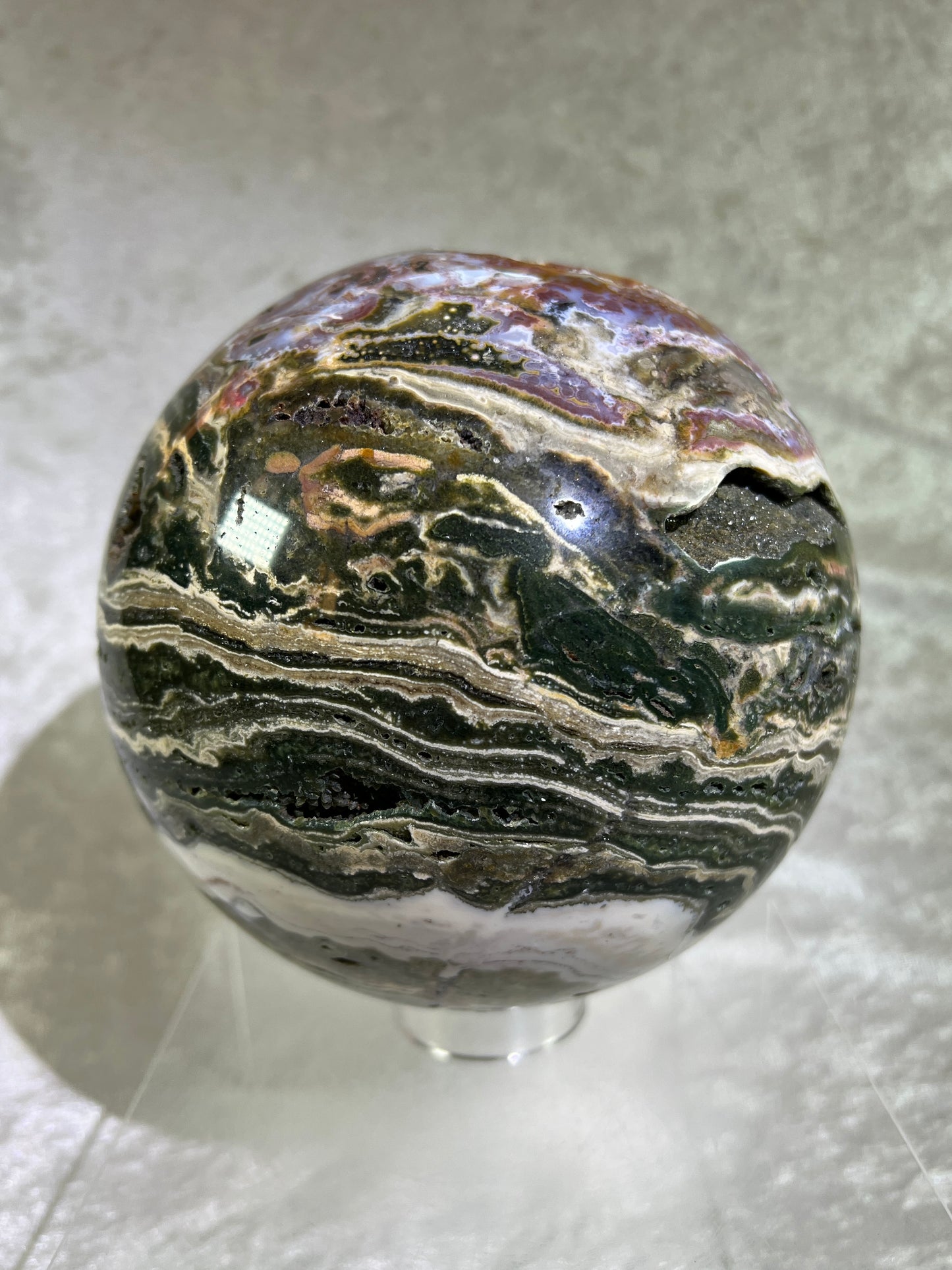 Ocean Jasper Sphere. XL Druzy Display Sphere. 147mm, 9.4 lbs. Gorgeous Colors With Stunning Druzy. Showstopper!