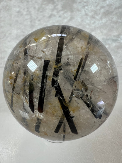 Black Tourmaline Quartz Sphere. Incredible Black Rutile Sphere. Tourmalinated Quartz Display Crystal