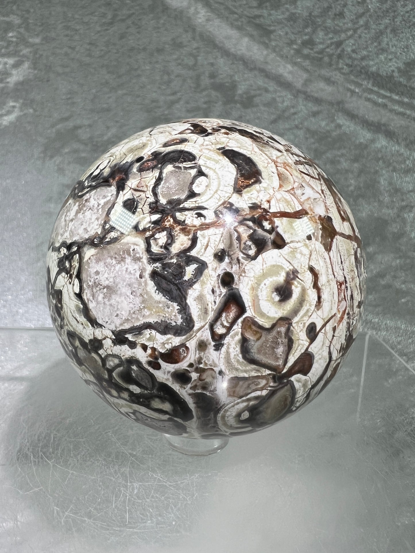 Money Agate Crystal Sphere. 69mm. Stunning Indonesian Bloodstone. Amazing Colors And Patterns