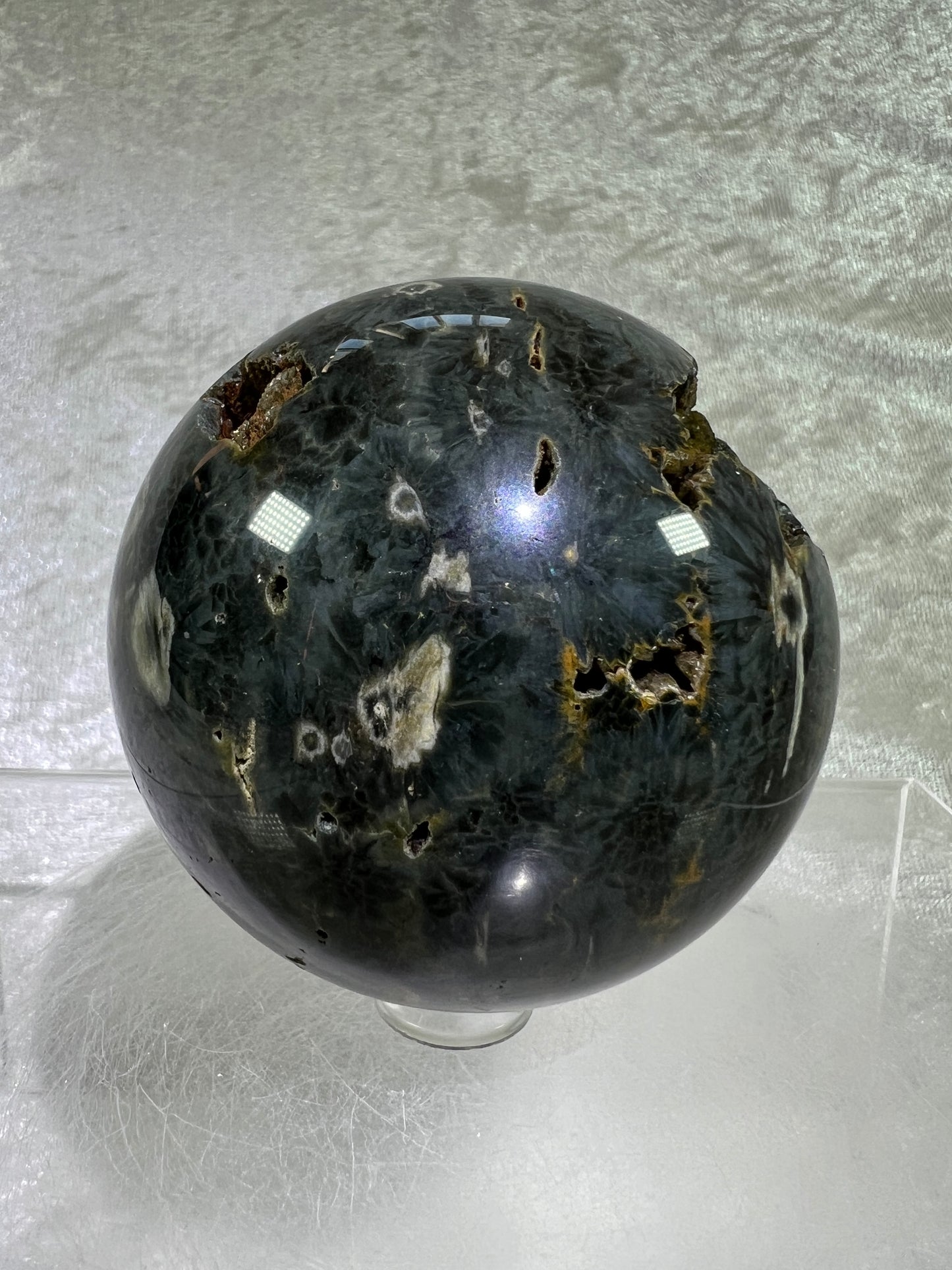 Ocean Jasper Sphere. 69mm. Crazy Green Druzy. Stunning And Unique Display Sphere.