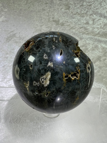 Ocean Jasper Sphere. 69mm. Crazy Green Druzy. Stunning And Unique Display Sphere.