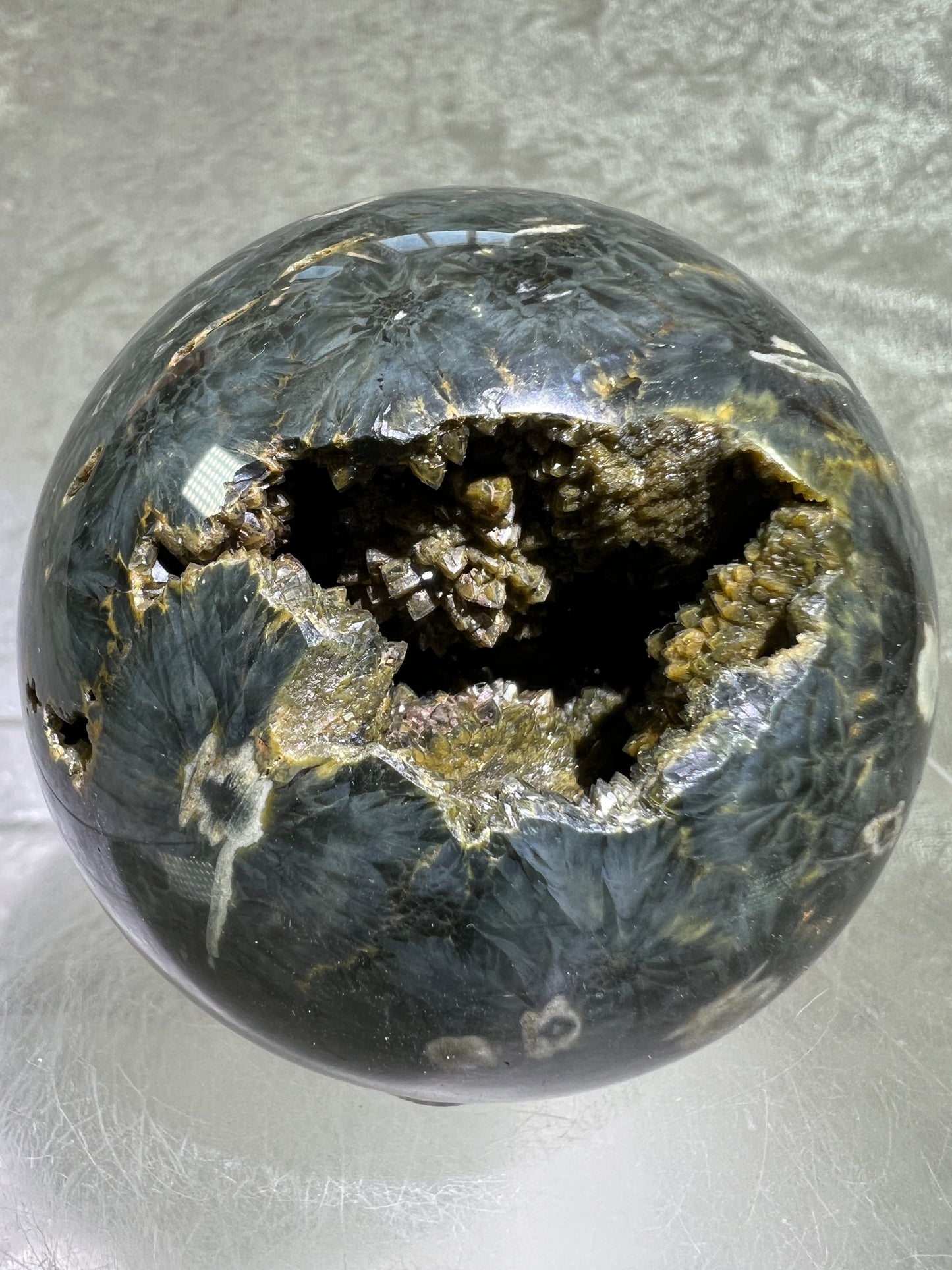 Ocean Jasper Sphere. 69mm. Crazy Green Druzy. Stunning And Unique Display Sphere.