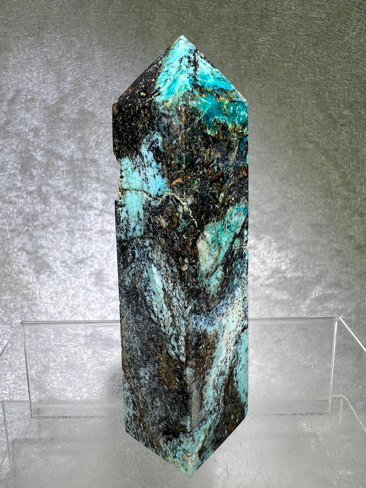 Azurite, Chrysocolla, And Malachite Druzy Tower. Rare And Beautiful Crystal Point.