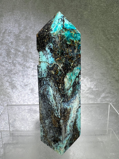 Azurite, Chrysocolla, And Malachite Druzy Tower. Rare And Beautiful Crystal Point.