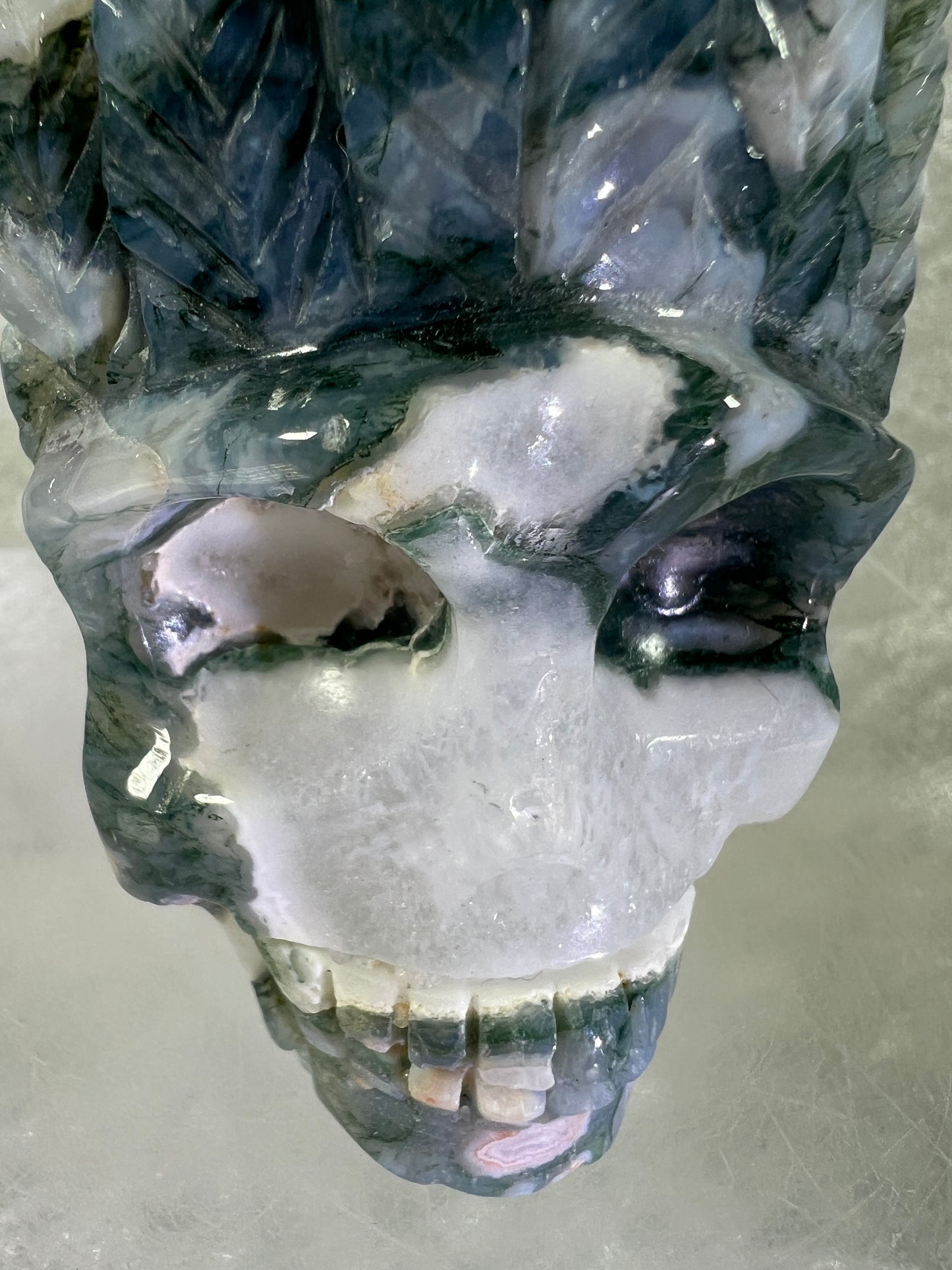 Moss Agate Crystal Skull Carving. Very Cool Crystal Indian Skull. Unique Display Crystal