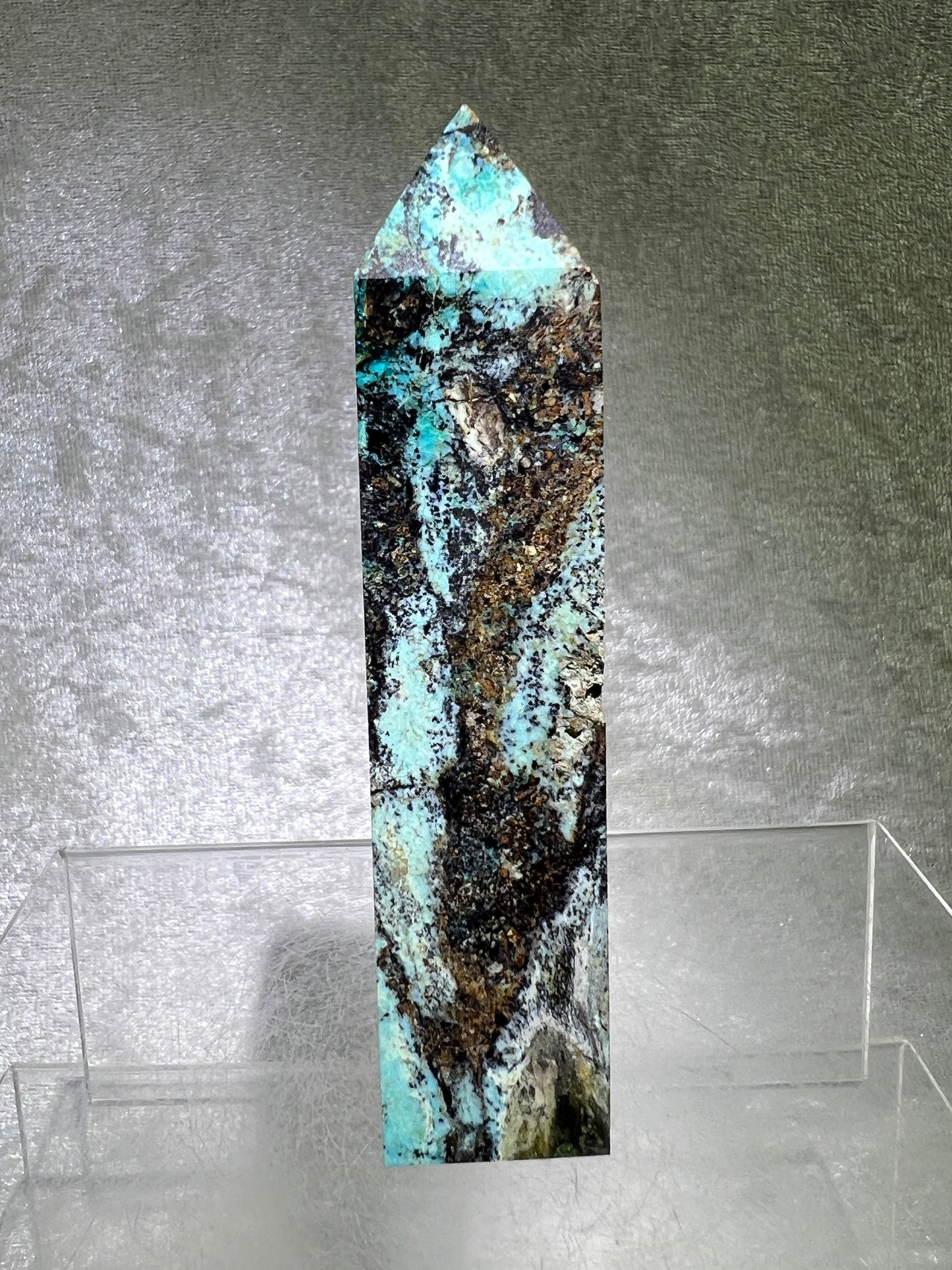 Azurite, Chrysocolla, And Malachite Druzy Tower. Rare And Beautiful Crystal Point.