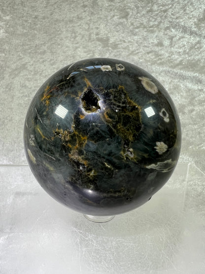 Ocean Jasper Sphere. 69mm. Crazy Green Druzy. Stunning And Unique Display Sphere.