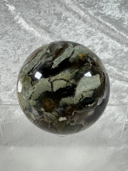 Volcano Agate With Mangano Calcite Sphere. 65mm. Stunning Green And Orange UV Reaction. Amazing High Quality Display Sphere.