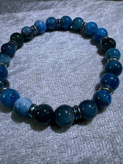 Blue Apatite Crystal Bead Bracelet. Stunning Blue Apatite Bracelet. 8mm. Flashy Blue Rhinestone Spacers.