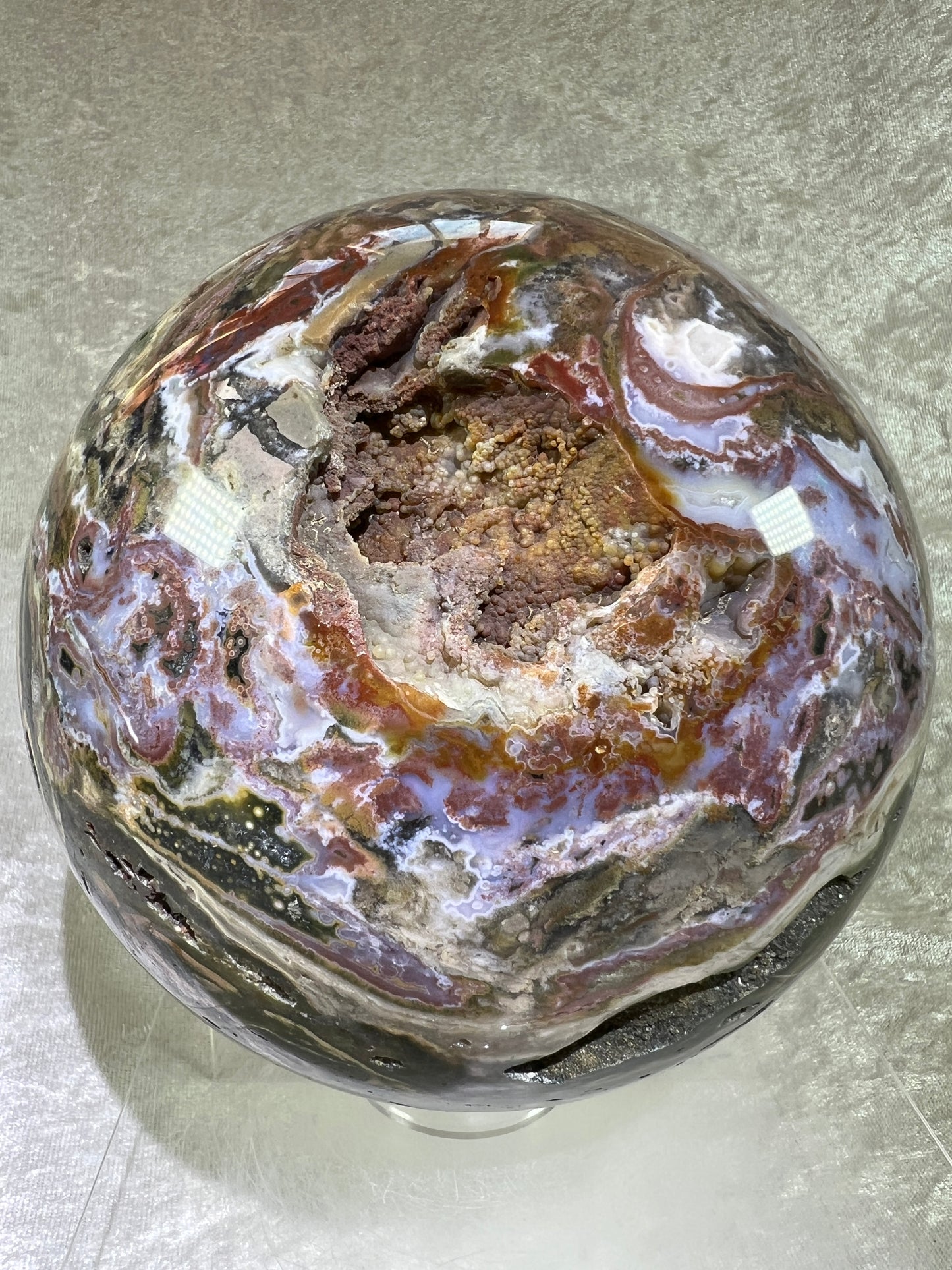 Ocean Jasper Sphere. XL Druzy Display Sphere. 147mm, 9.4 lbs. Gorgeous Colors With Stunning Druzy. Showstopper!