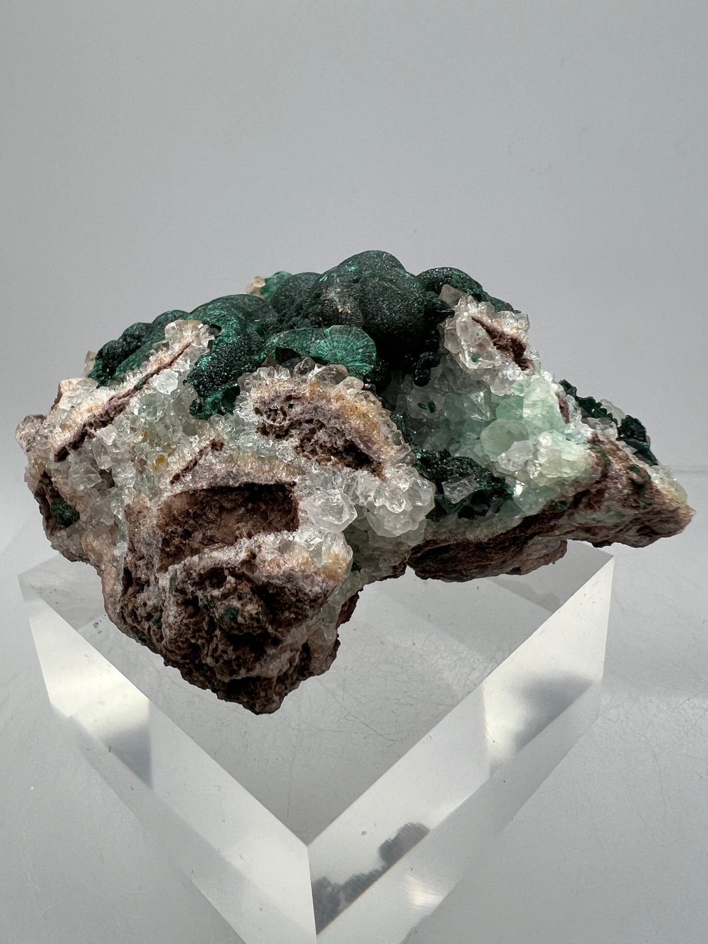 Ball Malachite On A Druzy Quartz And Dolomite Matrix. Rare Beautiful Specimen From Congo.