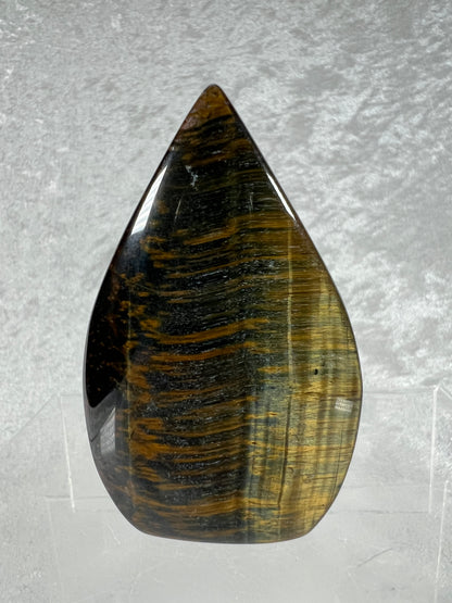 Blue Tigers Eye Crystal Flame. Gorgeous Hawks Eye Freeform Flame.