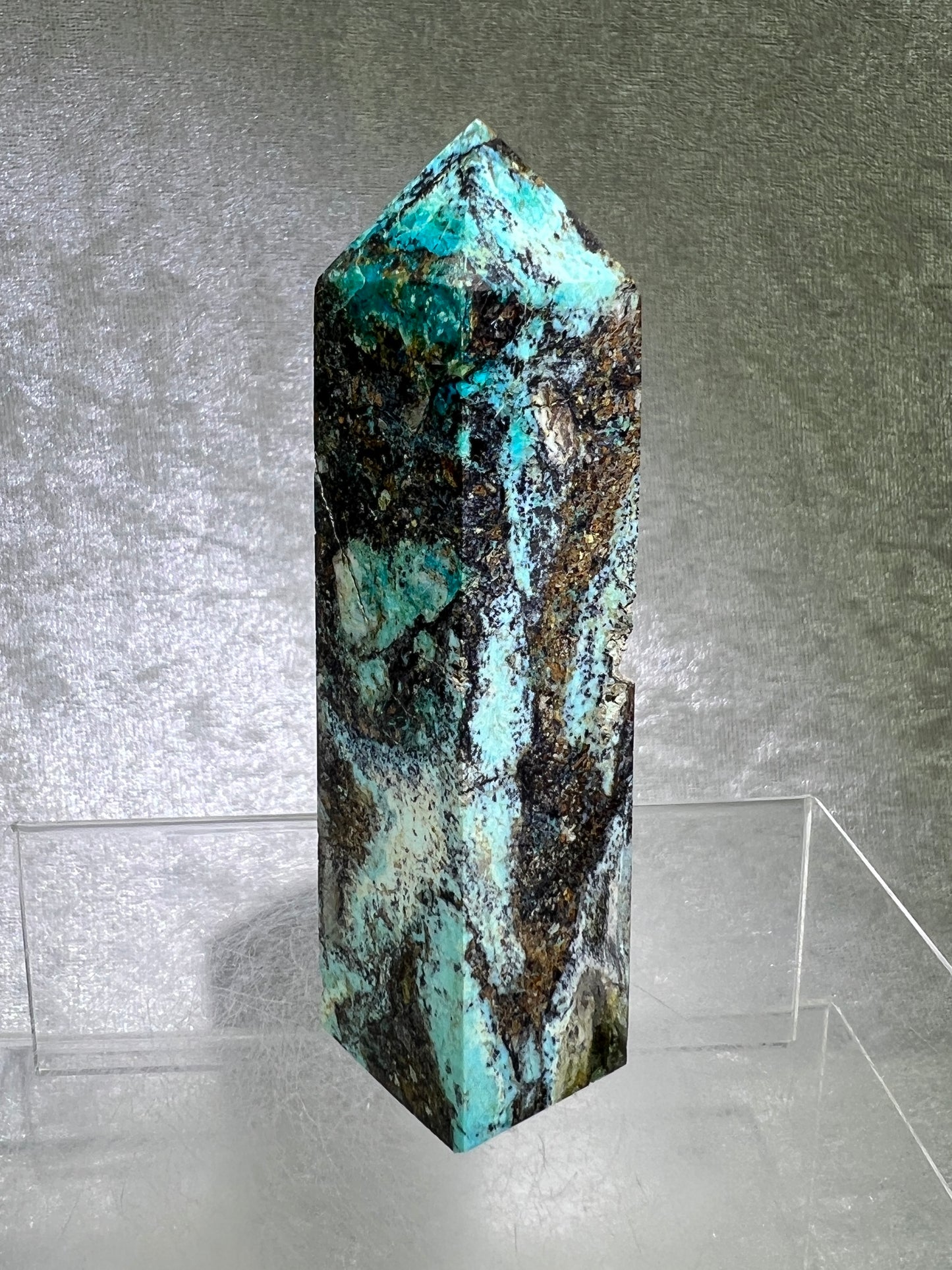 Azurite, Chrysocolla, And Malachite Druzy Tower. Rare And Beautiful Crystal Point.