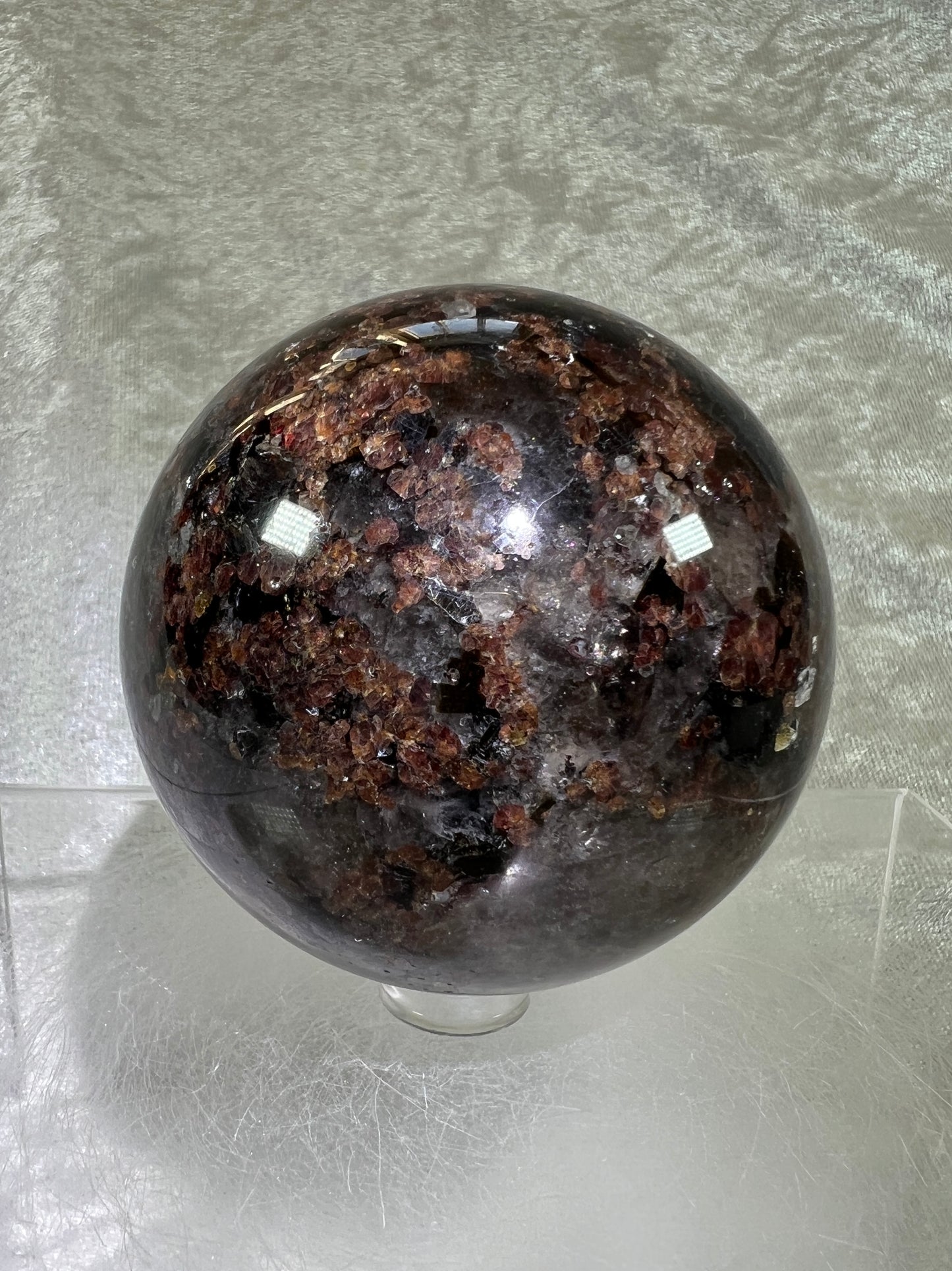 Garnet And Biotite Mica Sphere. 69mm. Stunning Garnet Display Sphere With Lots Of Mica Flash.