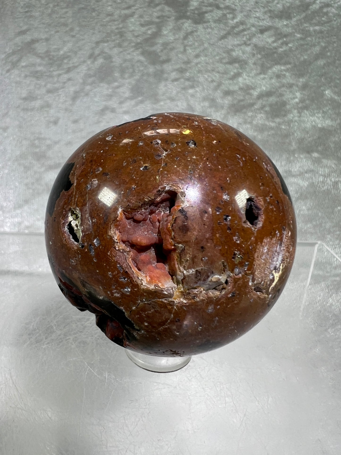 Red Fox Agate Sphere. Amazing Druzy Crater Agate From Argentina. Incredible Botryoidal Nodules