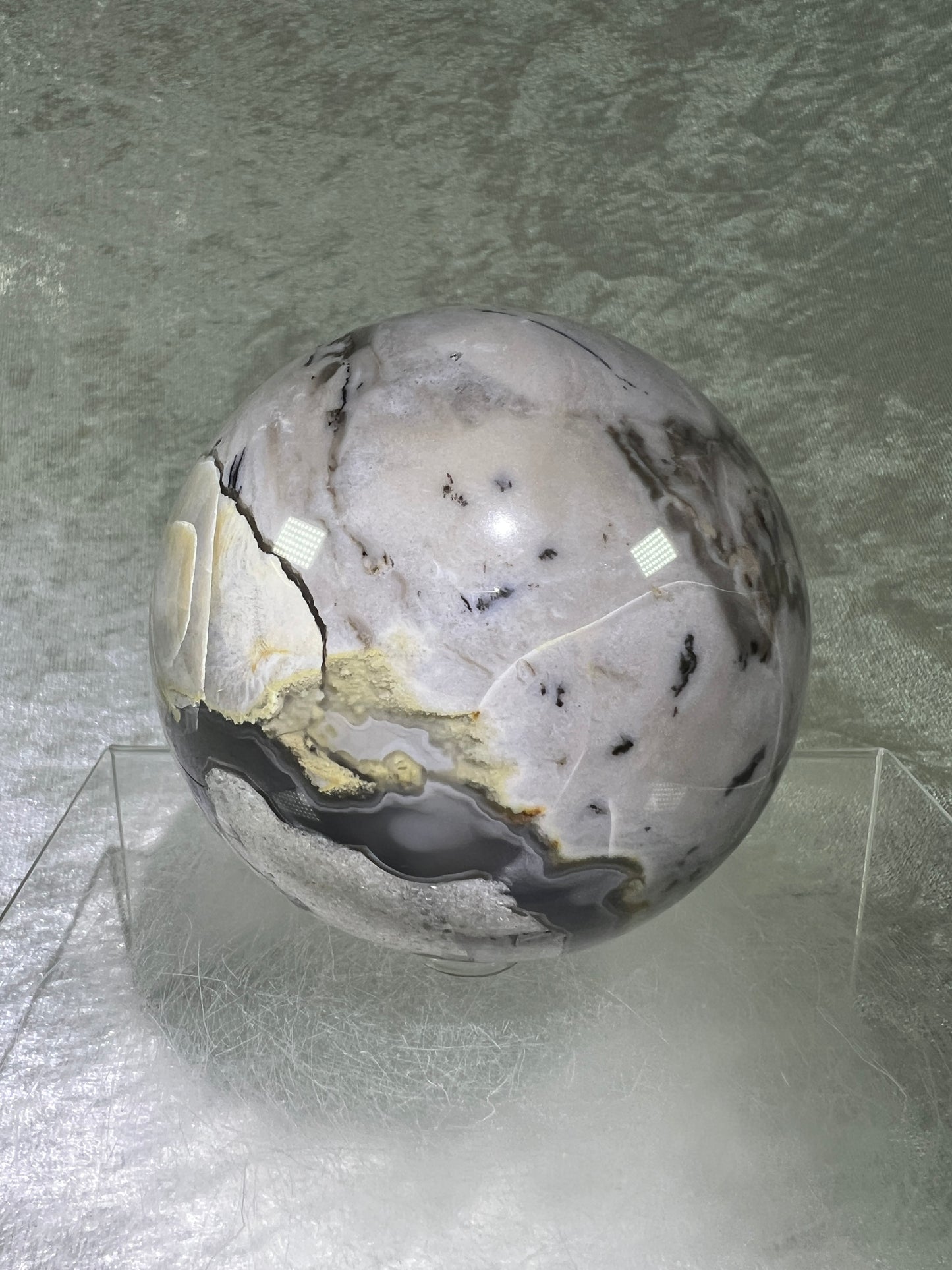 Volcano Agate With Mangano Calcite Sphere. 78mm. Rare Sphere With Intense UV Reaction.