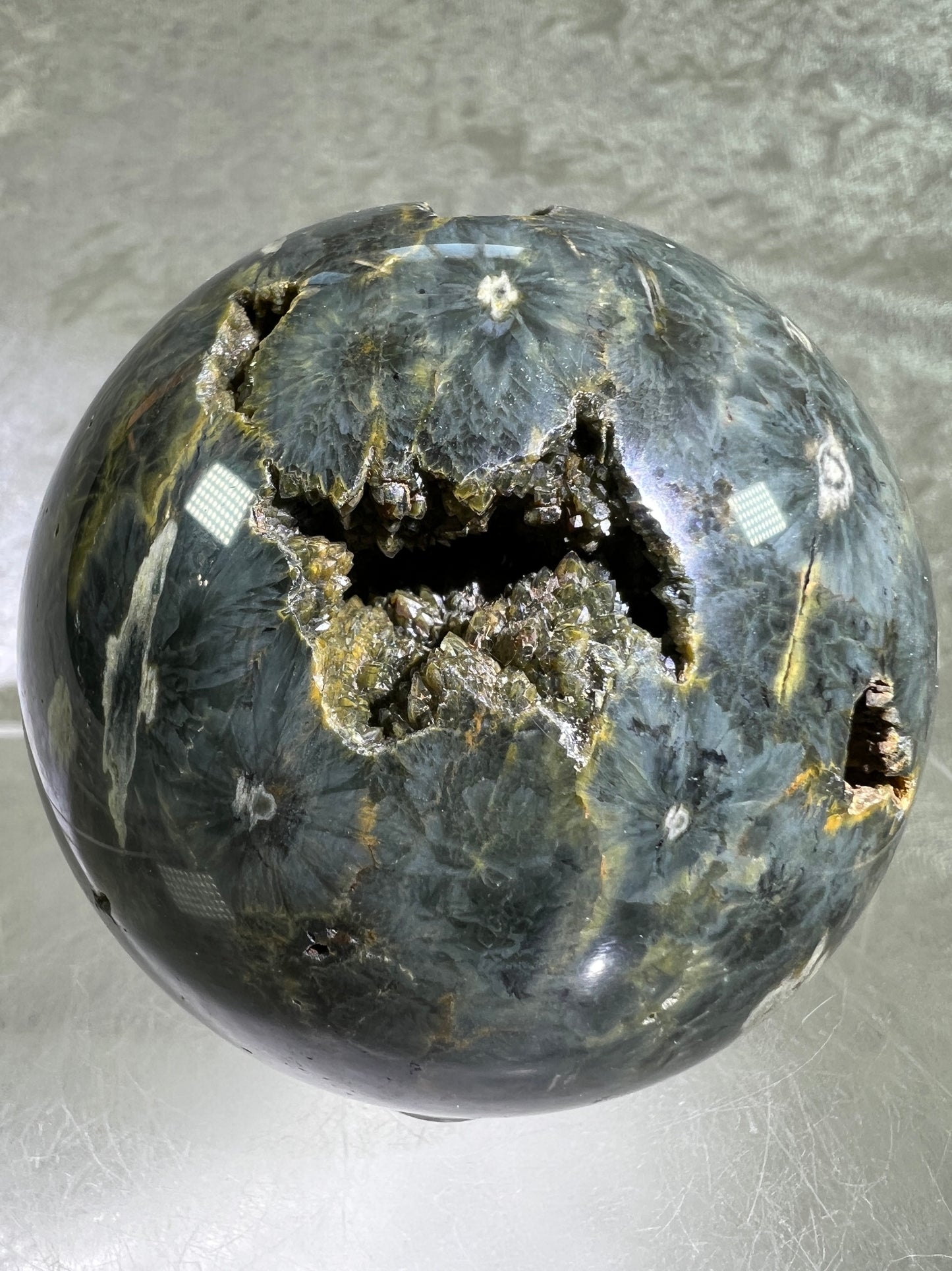 Ocean Jasper Sphere. 69mm. Crazy Green Druzy. Stunning And Unique Display Sphere.