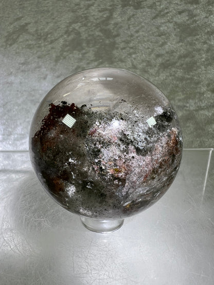 Garden Quartz Lodolite Sphere. 51mm. Stunning High Quality Orange And Green Landscape.