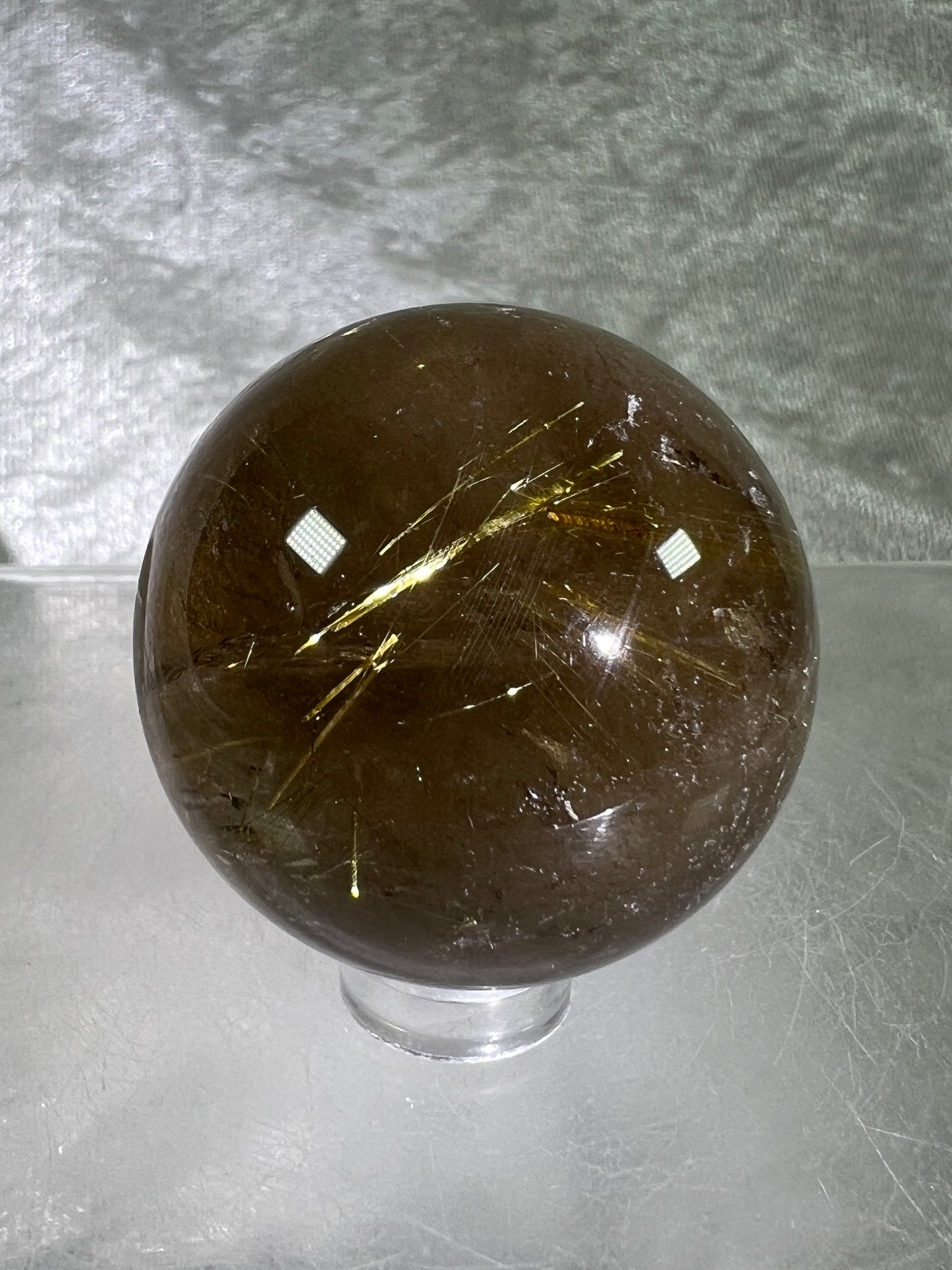 Rutile Quartz Sphere. Amazing Smoky Quartz With Stunning Golden Rutile Inclusions.