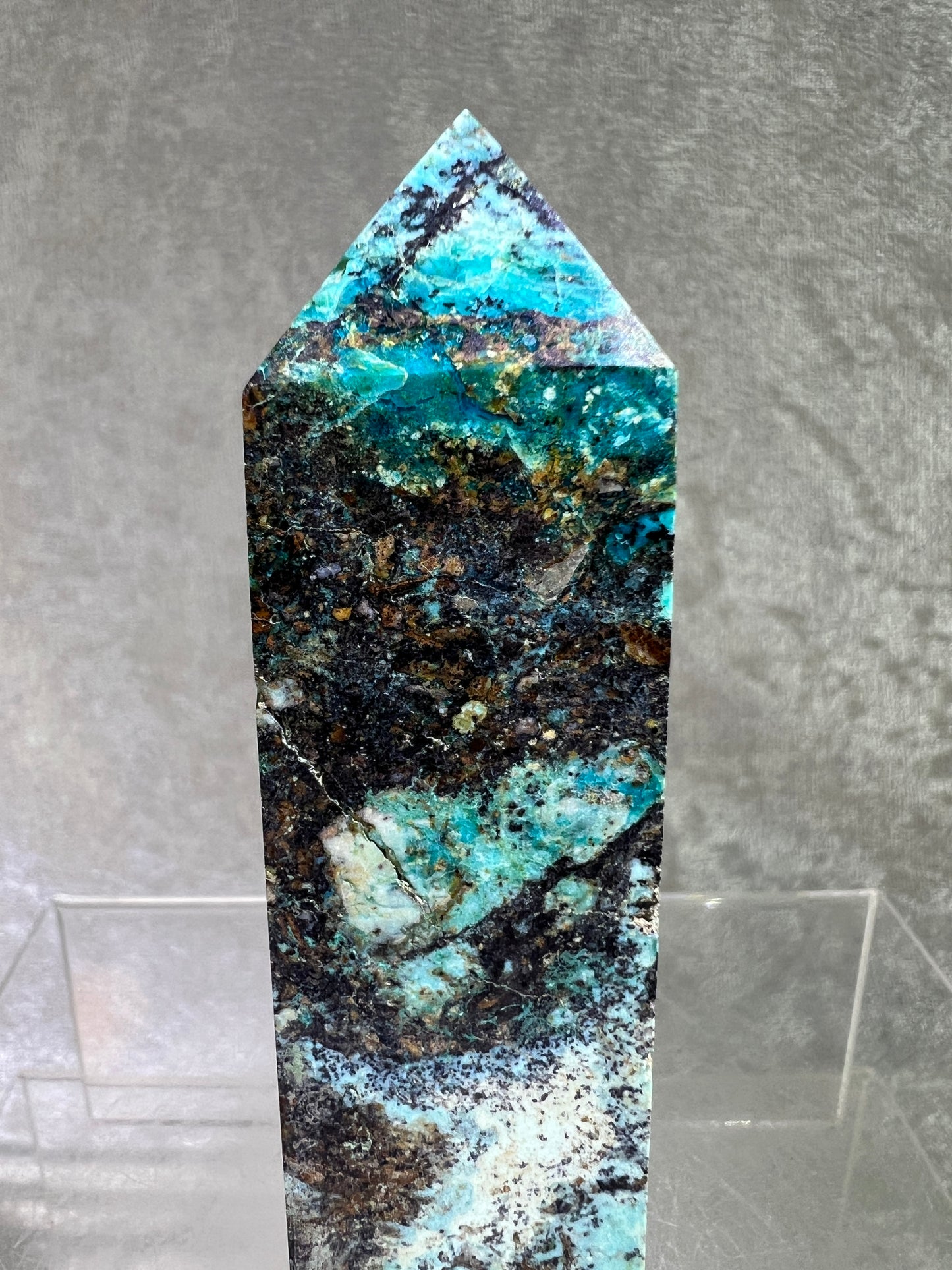 Azurite, Chrysocolla, And Malachite Druzy Tower. Rare And Beautiful Crystal Point.