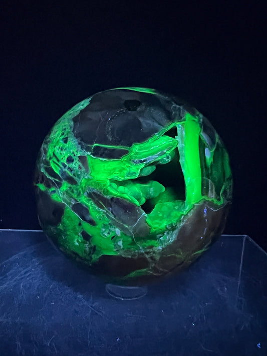 Volcano Agate Sphere. 71mm. Amazing Unique Druzy. Intense Green UV Reactive Sphere.