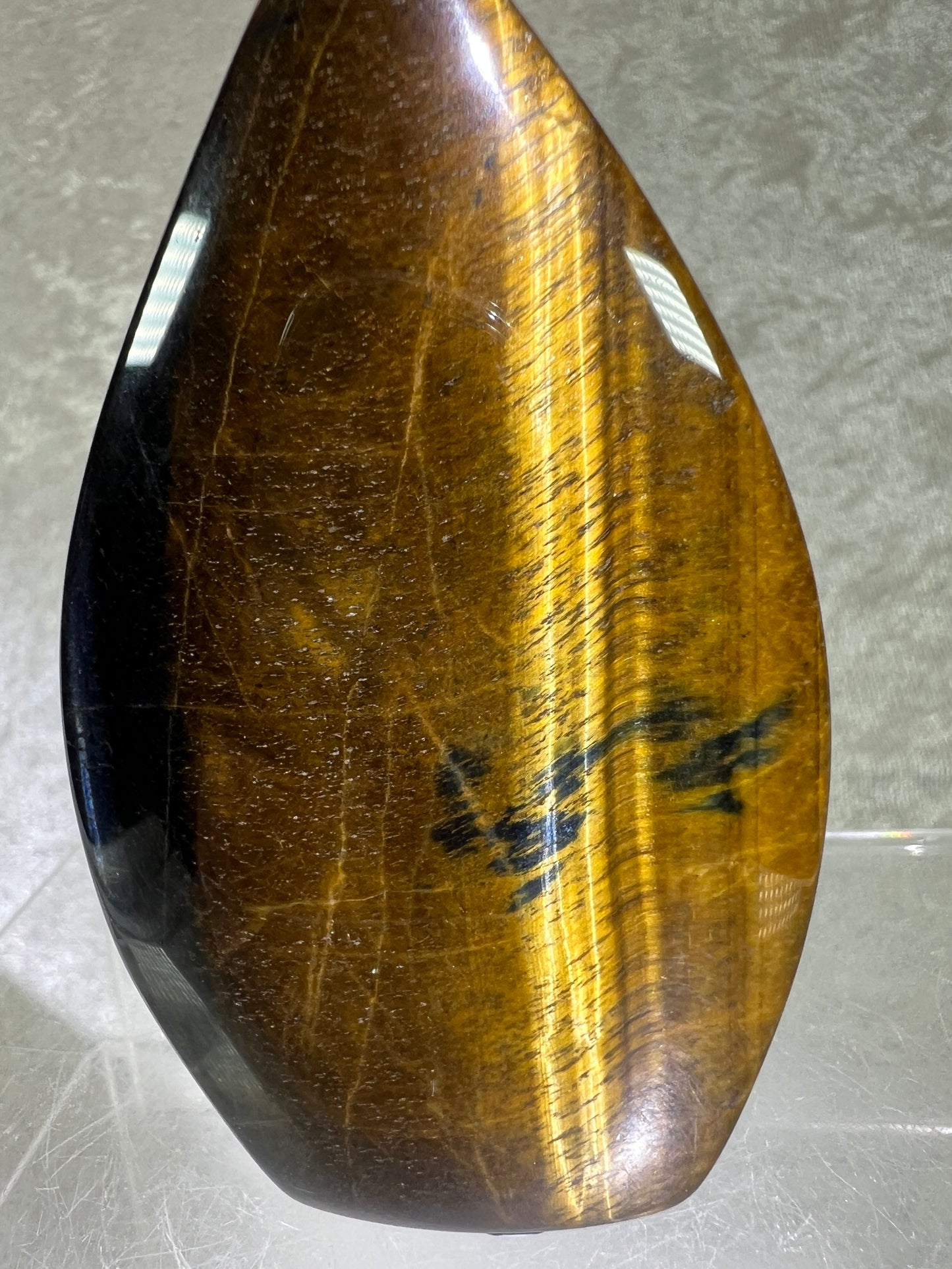 Blue Tigers Eye Crystal Flame. Gorgeous Hawks Eye Freeform Flame.